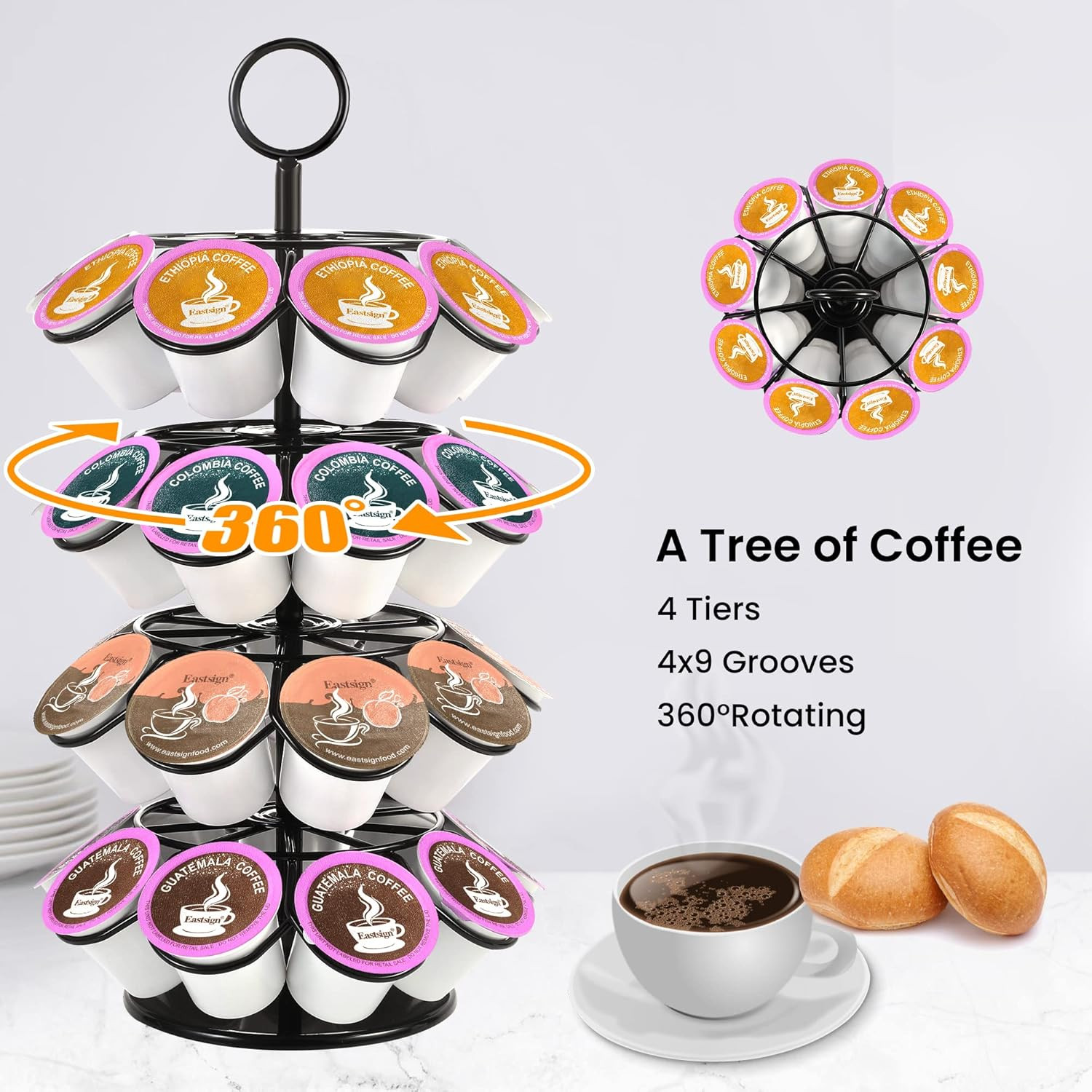 4-Tier K-Cup Holder Compatible with 36 K-Cups, Coffee Pod Carousel Storage Stand
