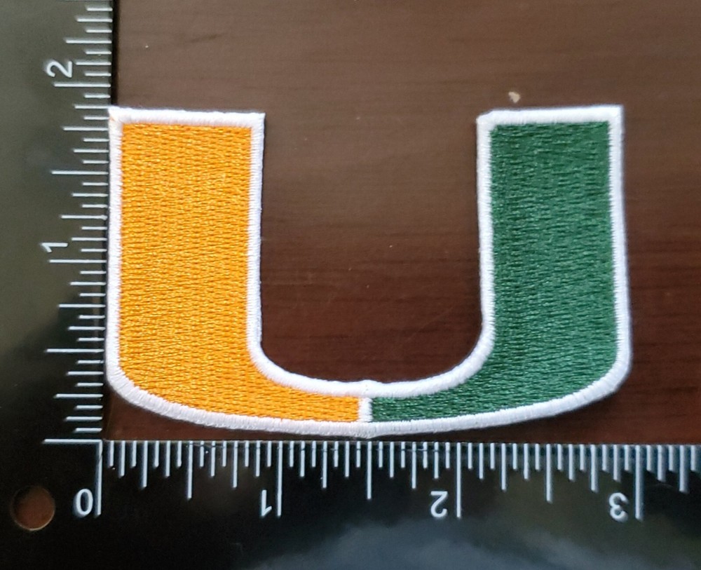 Miami Hurricanes U Patch. Fully Embroidered. Iron On Backing. 3"x2"