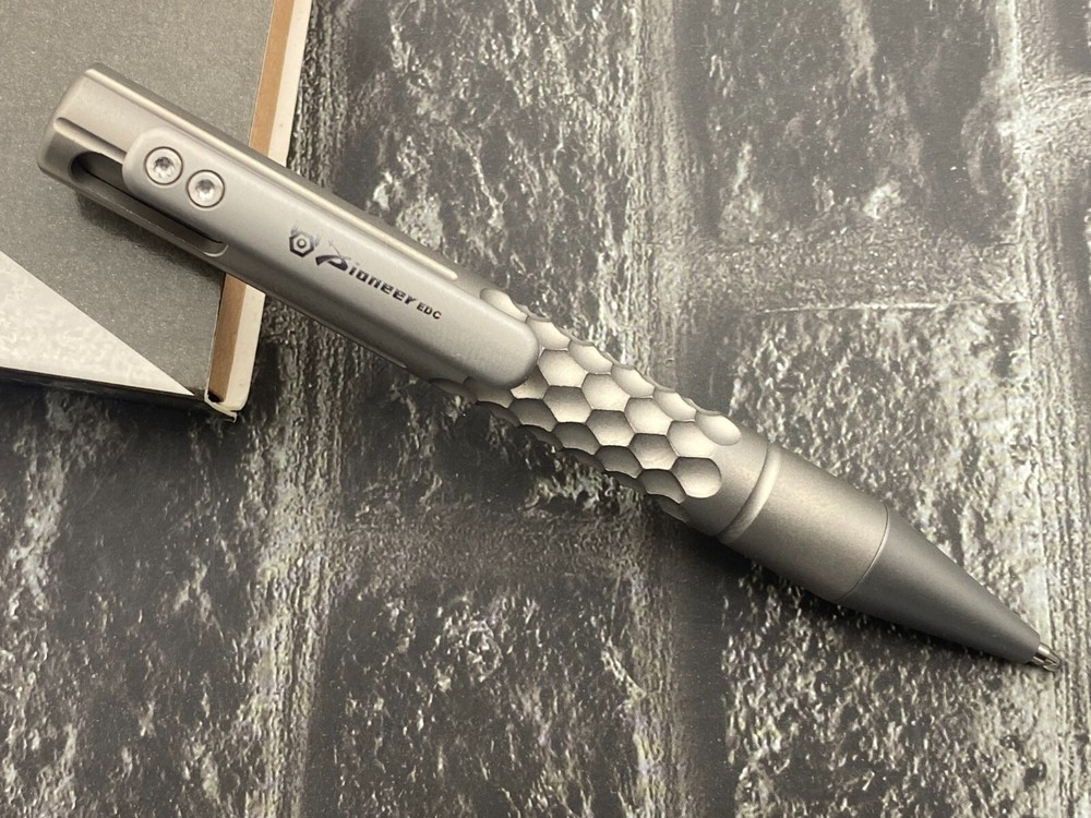 TS-Gray Checkered Tactical Titanium Body Push Button Mechanism Pen
