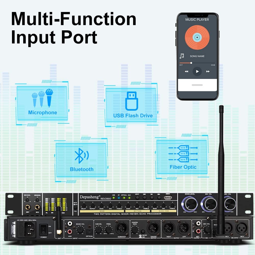 Bluetooth Karaoke Reverberator with Microphone & Anti-Howling Audio Processor