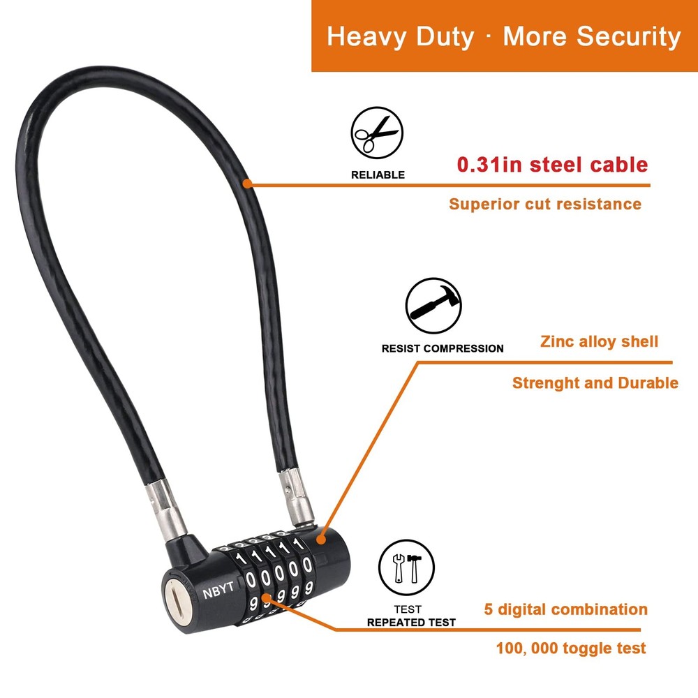 5-Digit Long Cable Locks with Combination Padlock,15" Length 5/16" Diameter,g...
