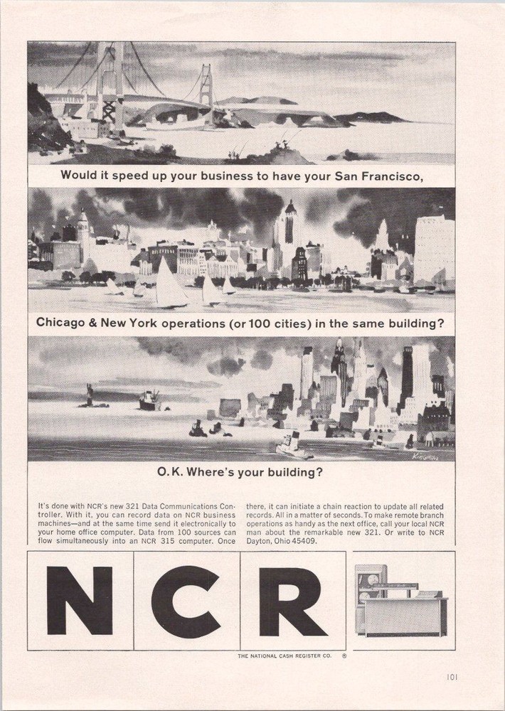 NCR 1965 Vintage Print Ad Data Communications Controller Sci Am