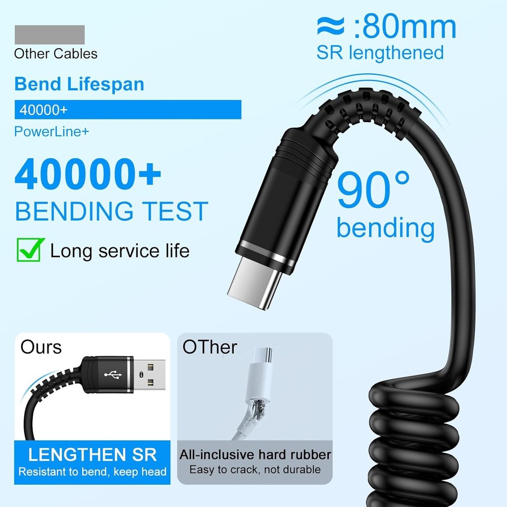 Coiled USB C Charger Cable 3ft for iPhone 17 Pro Max Air 16 Max,16...