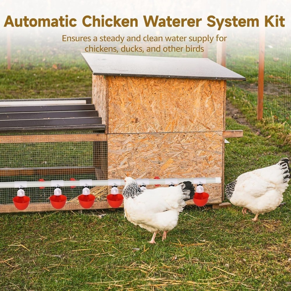 Automatic Chicken Waterer System - Complete PVC Pipelines Set with 8 Deep Drinki