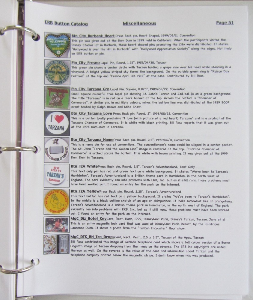 EDGAR RICE BURROUGHS BUTTON CATALOG+34 CON~PINS~PINBACKS~TARZAN~JOHN CARTER