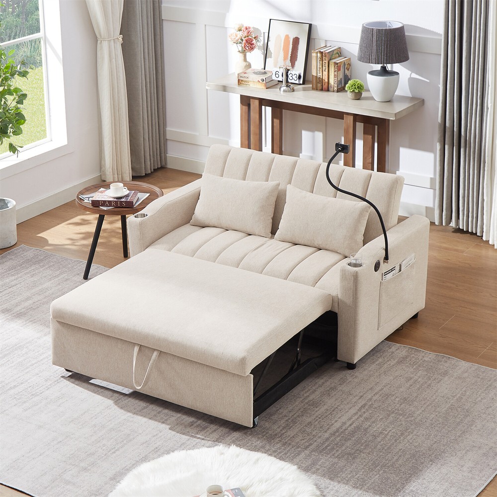 55.9'' Convertible Sleeper Sofa Bed Loveseat Sofa with Pull Out Bed & USB Ports