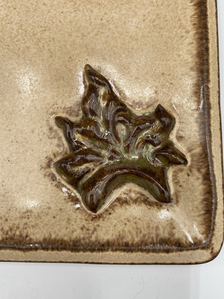 Studio Pottery Long Serving Tray, 12" x 5", Applied Leaves, Signed