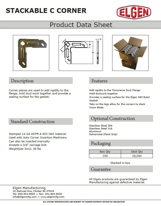 ELGEN Stackable C Corner - Duct work Corner Bracket - Box of 250