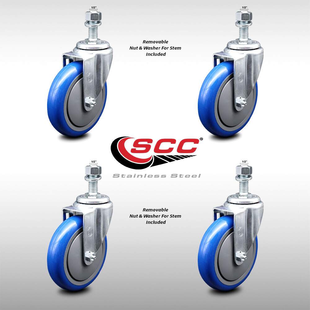 5 Inch SS Blue Polyurethane Wheel Swivel ½ Inch Threaded Stem Caster Set SCC