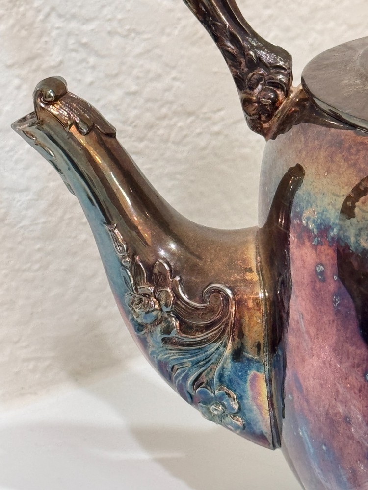 Vintage Silverplate Tea Pot Ornate Handle Hinged Lid 9"
