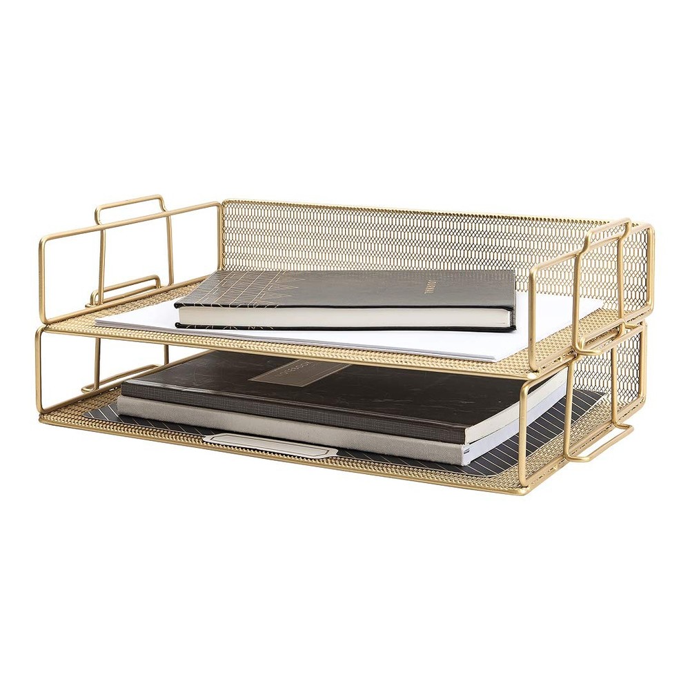 | Paper Tray Stackable Gold Mesh Set of 2 | Stackable File Trays for Desk Org...