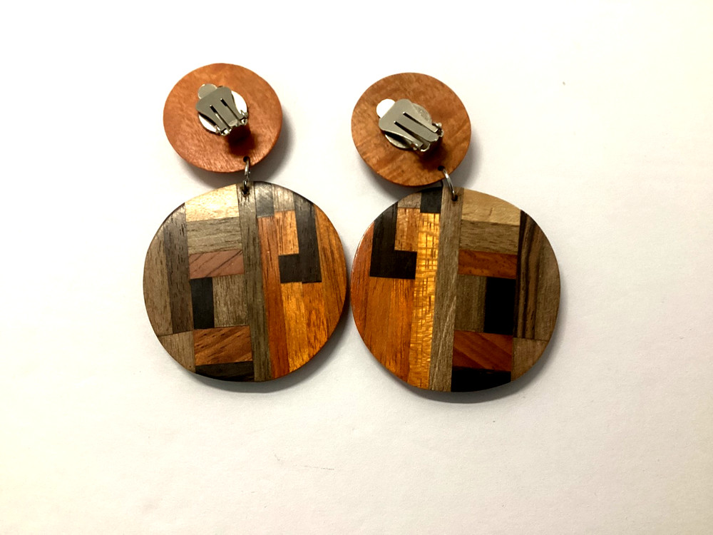 Wood Geometric Clip Earrings-Unsigned Handmade