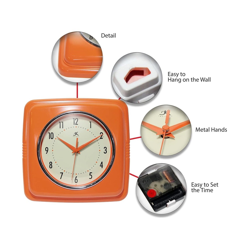 Infinity Instruments Retro Square Orange Plastic 9.25-inch Analog Wall Clock