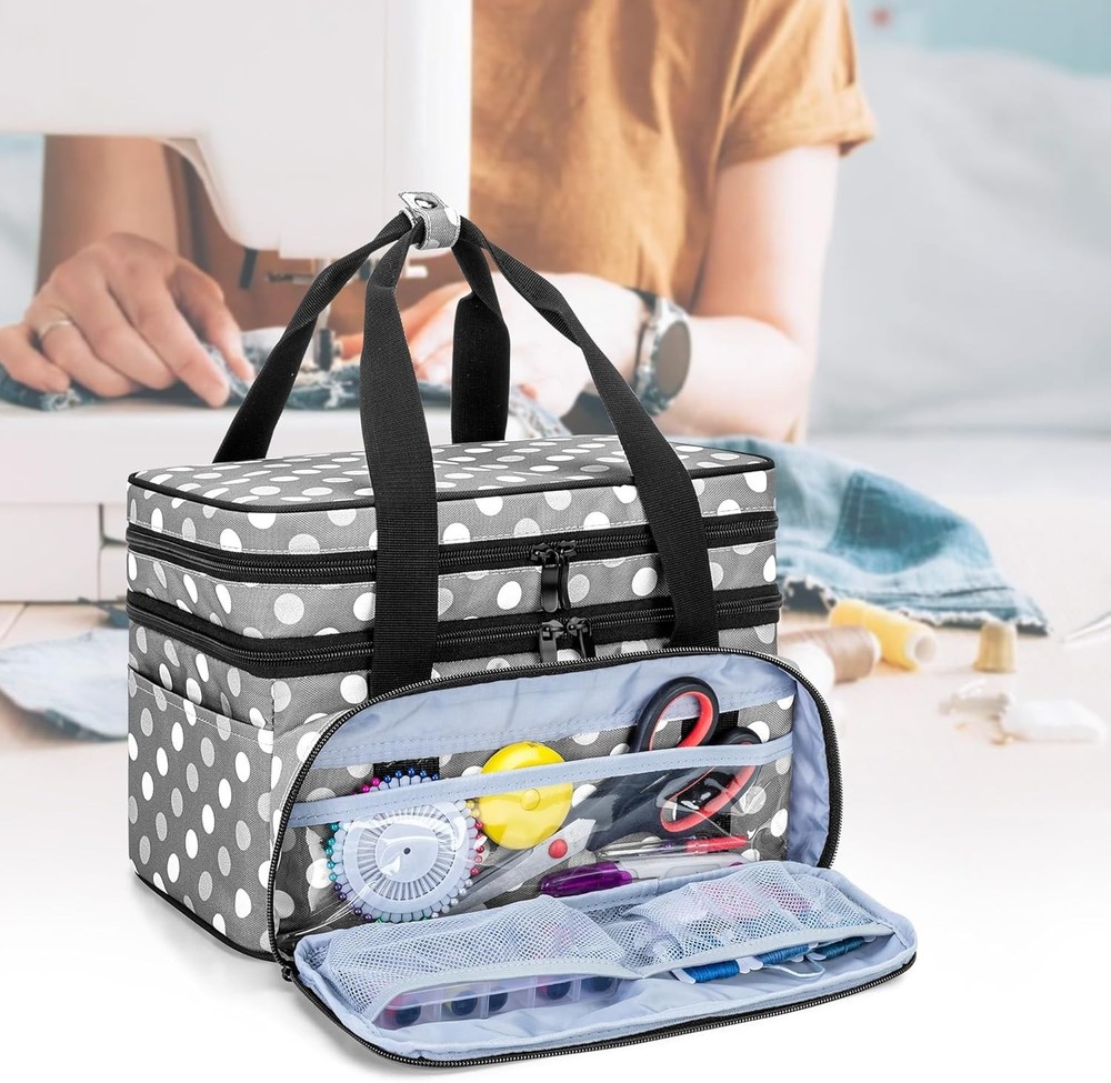 Versatile Sewing Storage Bag - Double Layer with Easy Carry Handles, Polka Dots
