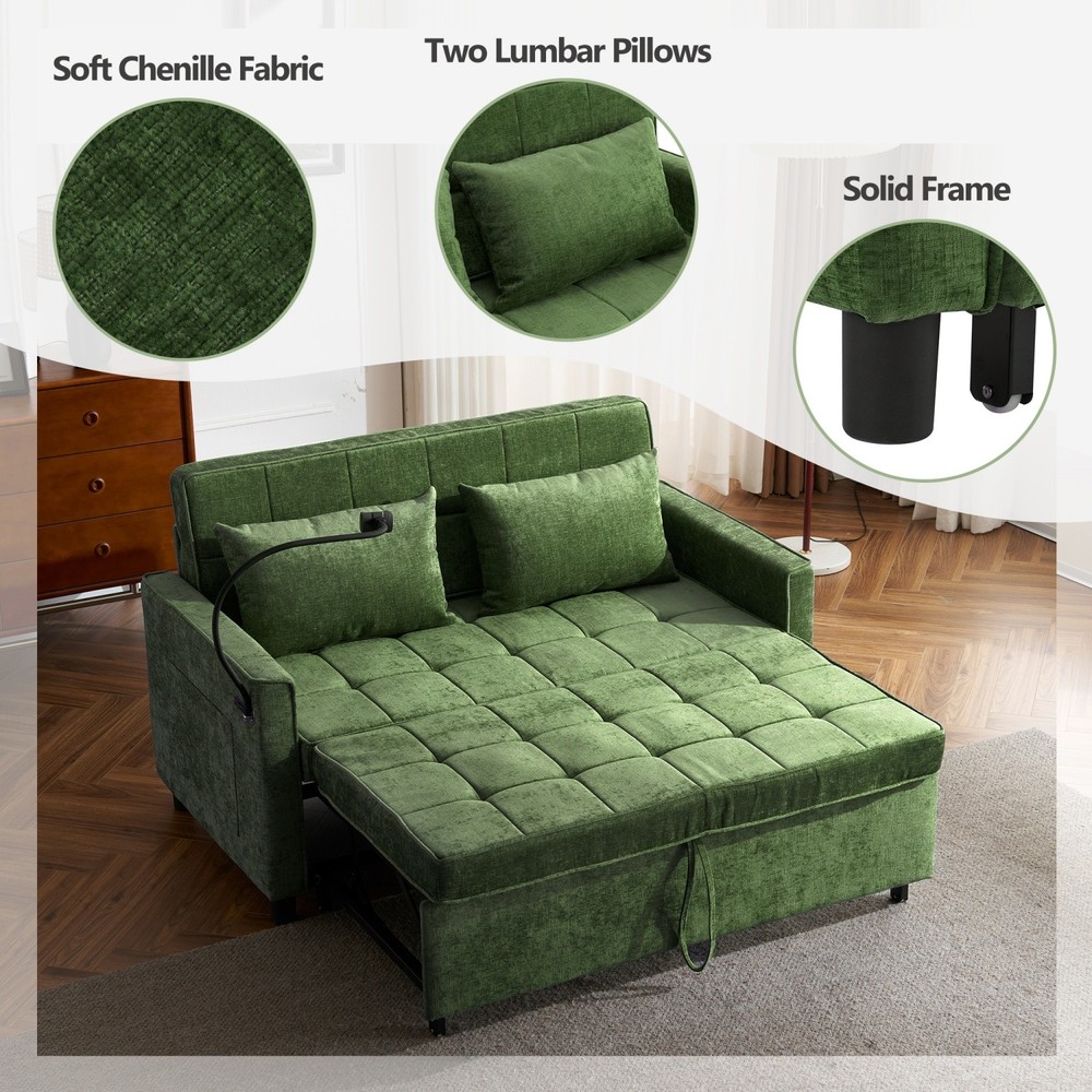 56.9'' Convertible Sleeper Sofa Bed Loveseat Sofa with Pull Out Bed & USB Ports