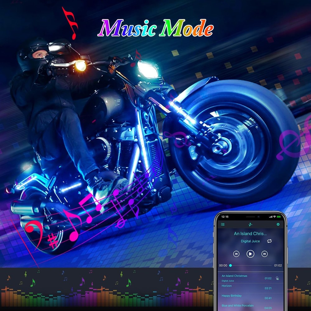 8PCS Motorcycle LED Underglow Kit, 4 Key Remote Control App Control with Two ...