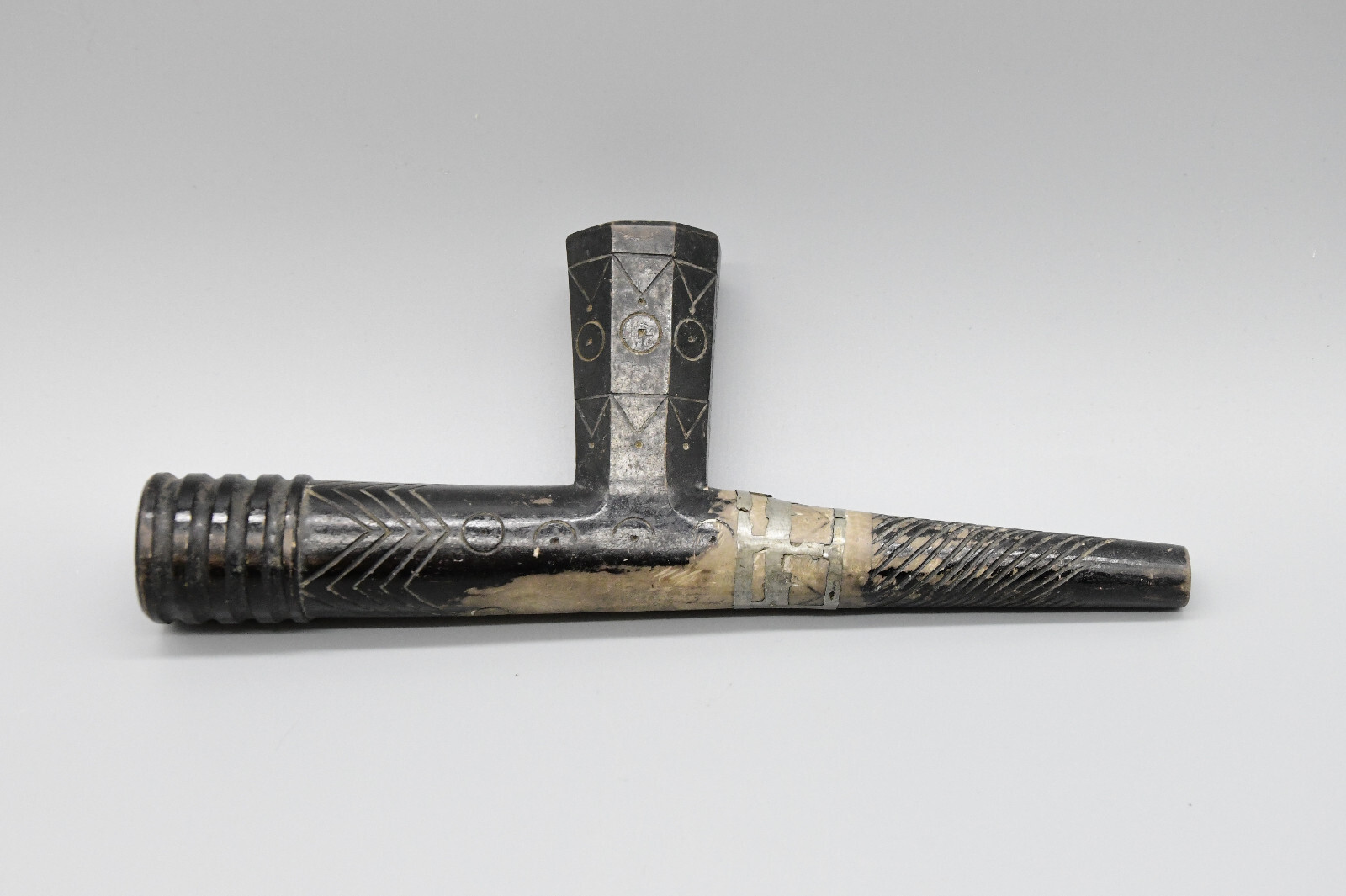 25" Blackfoot Steatite Pipe with Wood Stem Pipe has Repair Done