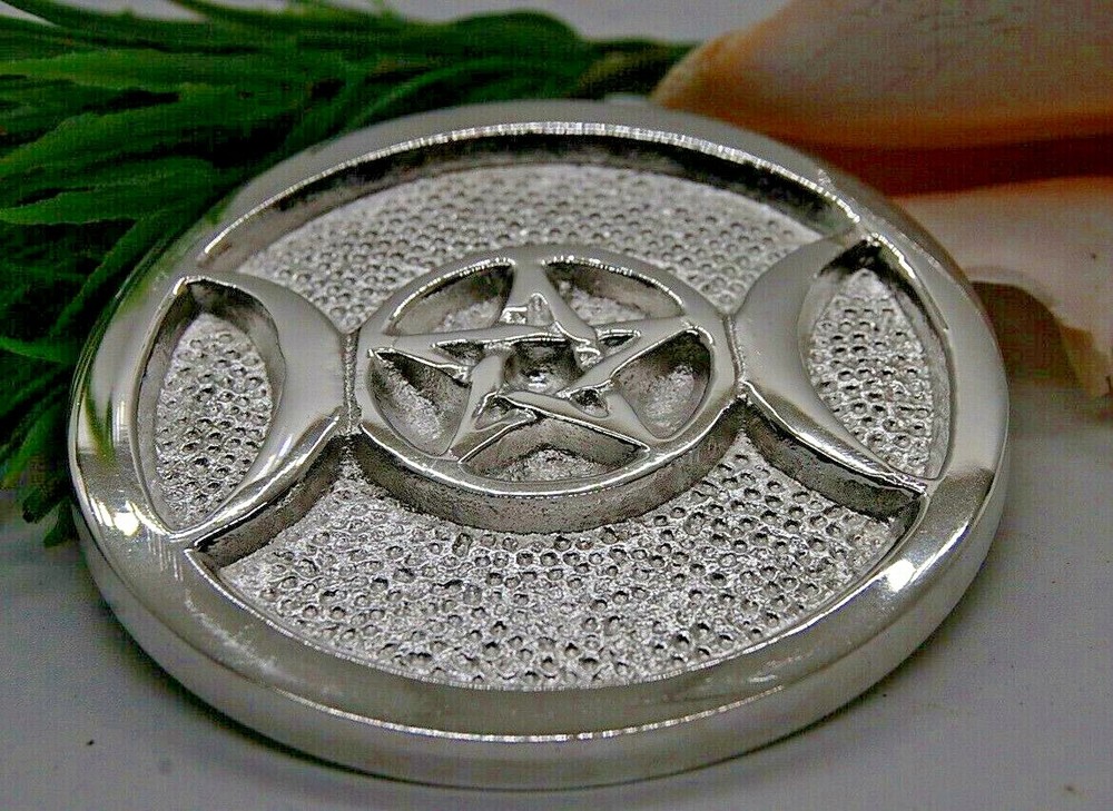 Triple Moon Pentagram Altar Tile Silver Plated Over Solid Brass 3" Wicca. Witch