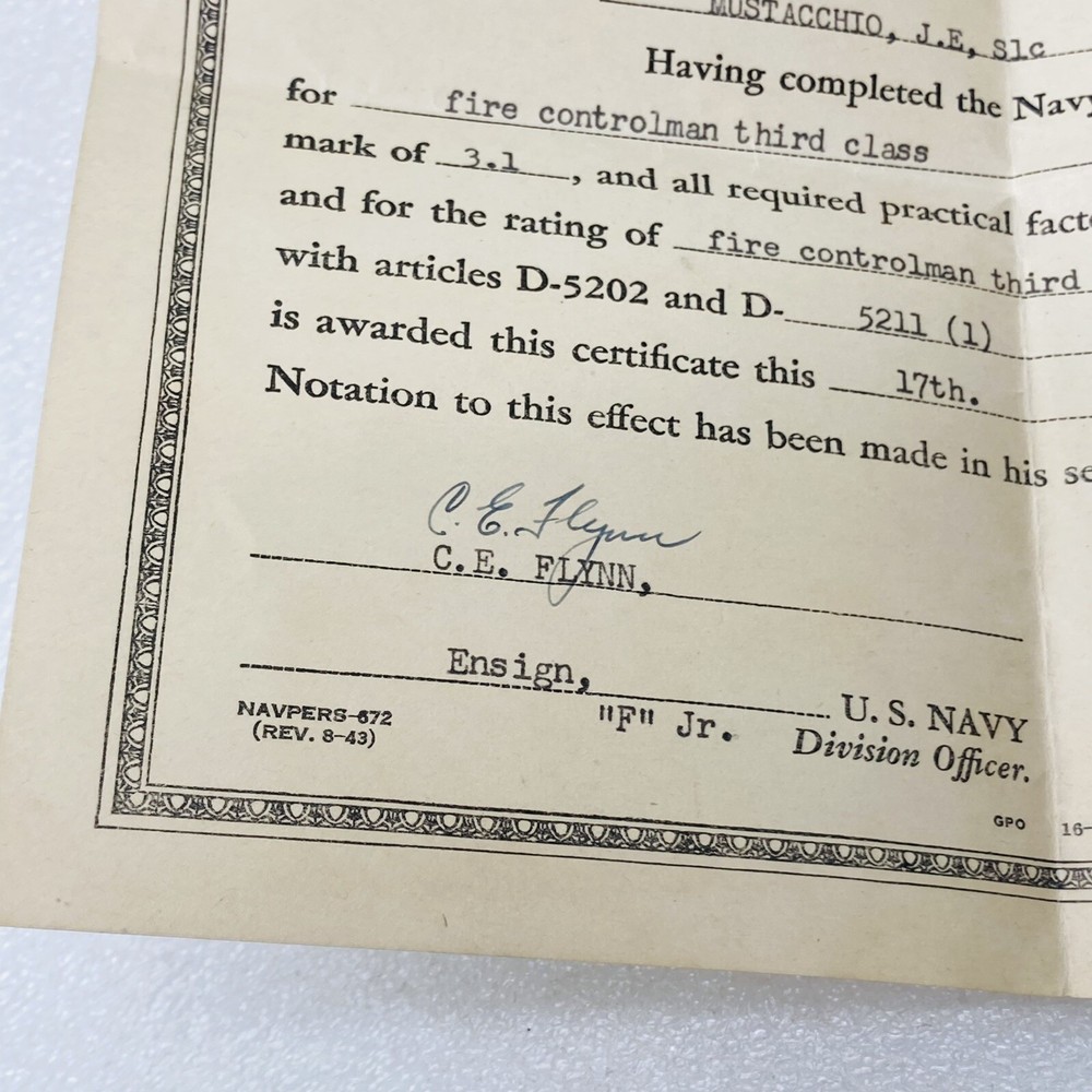 VTG‼ US Navy Training Course Certificate WWII Fire Controlman 3rd Class 1945
