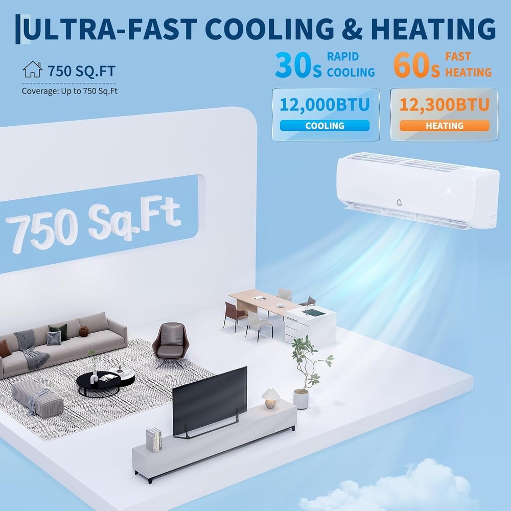 12000 BTU Ductless Mini Split Air Conditioner & Heater Pump System 19 SEER2