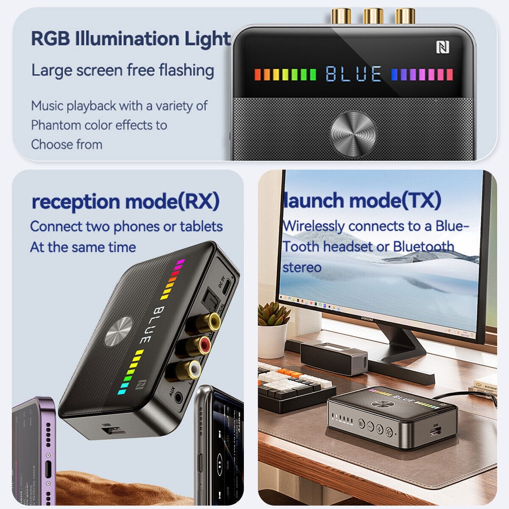 Bluetooth 5.3 Receiver Transmitter Wireless 3.5mm AUX NFC to 2 RCA Audio Adapter