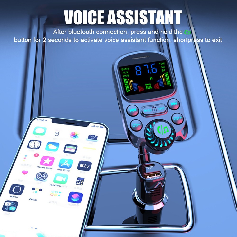 Car Bluetooth FM Transmitter Wireless MP3 Player USB PD Fast Car Charger Adapter