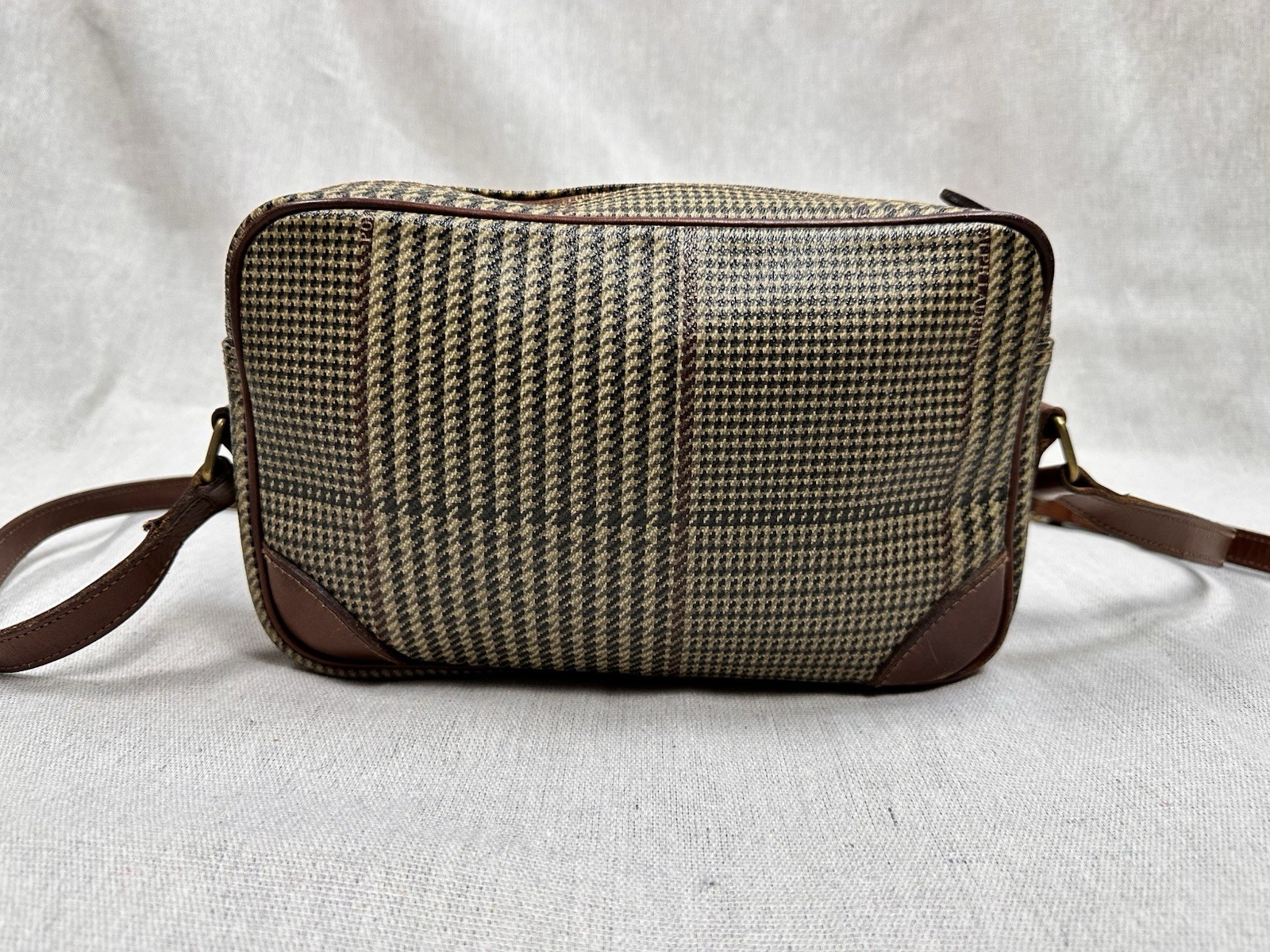 Vintage Polo Ralph Lauren Brown Russell Houndstooth Plaid Bag Leather 90s