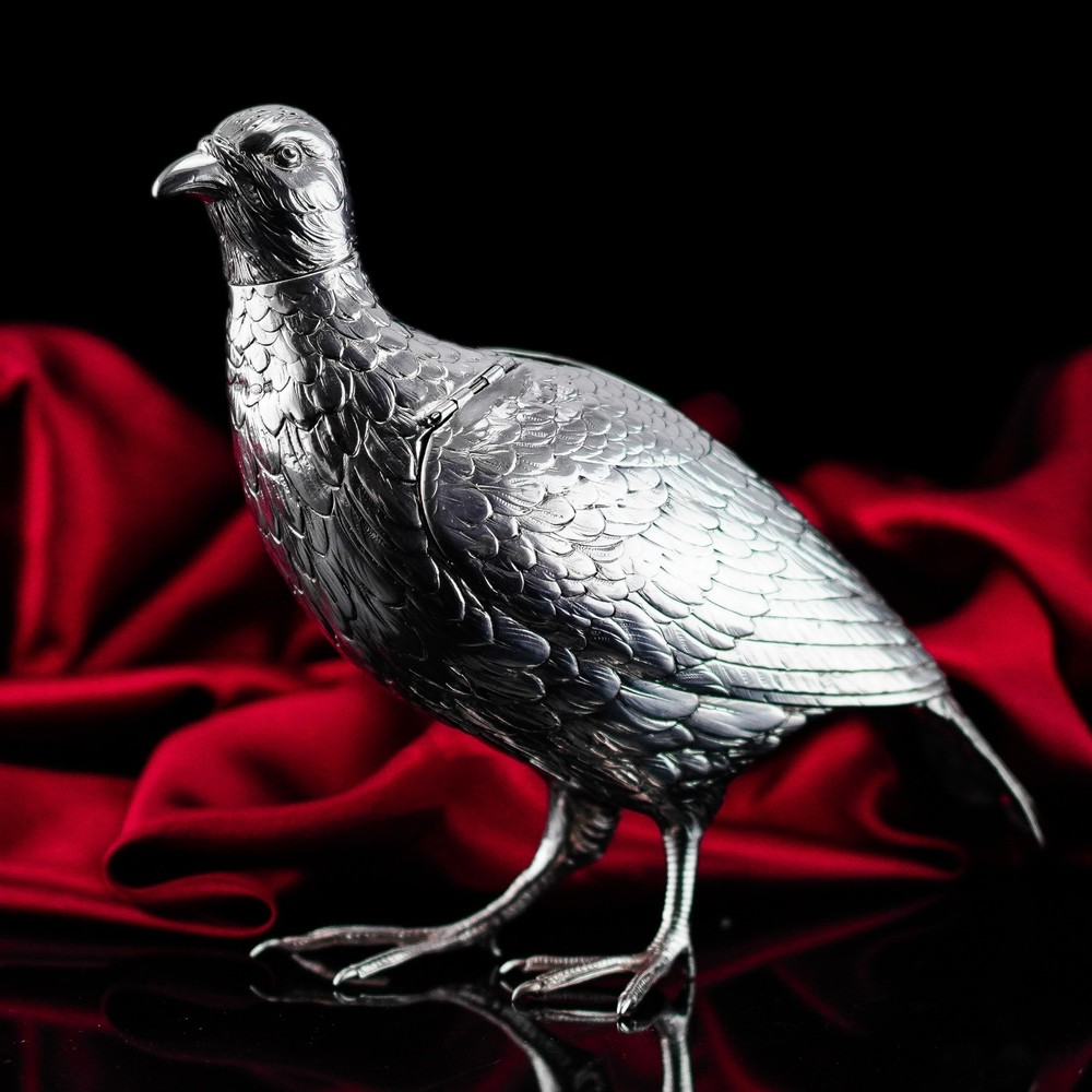 Antique Solid Silver Large Partridge/Grouse Bird Model Box - Edwardian 1910