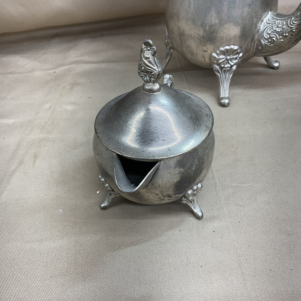 Vintage Silver Plated Footed Tea Pot With Sugar Bowl And Creamer