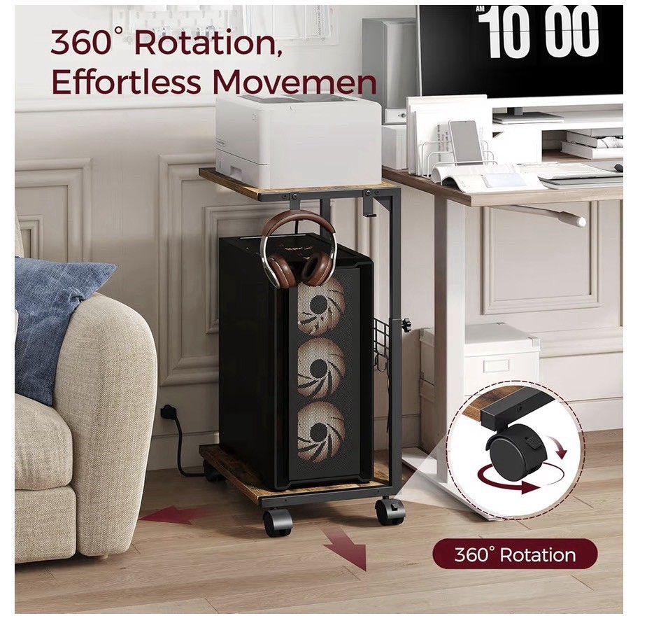 Height Adjustable Computer Tower Stand with USB Charging Port & Locking Wheels -