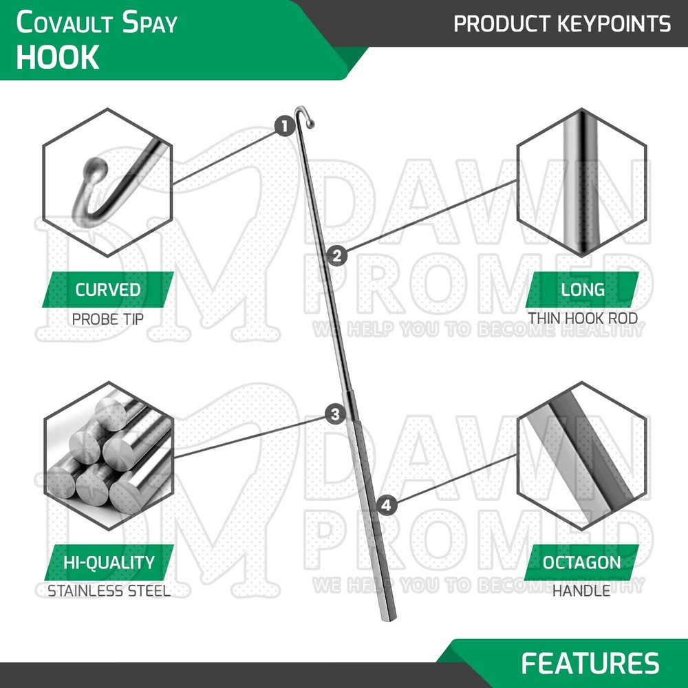 Covault Spay Hook 9″ W/Curved Probe Tip Veterinary General Surgery Instruments
