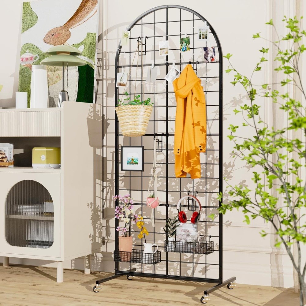 2PCS Black Grid Wall Panels with Wheels for Retail Display and Easy Assembly