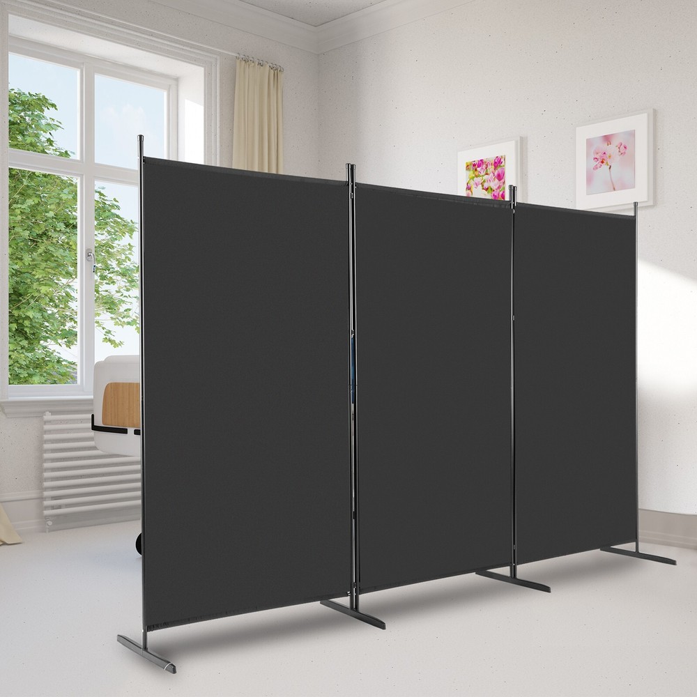 6' Black Trifold Polyester Cloth Plastic Foot Carbon Steel Frame Foldable Screen