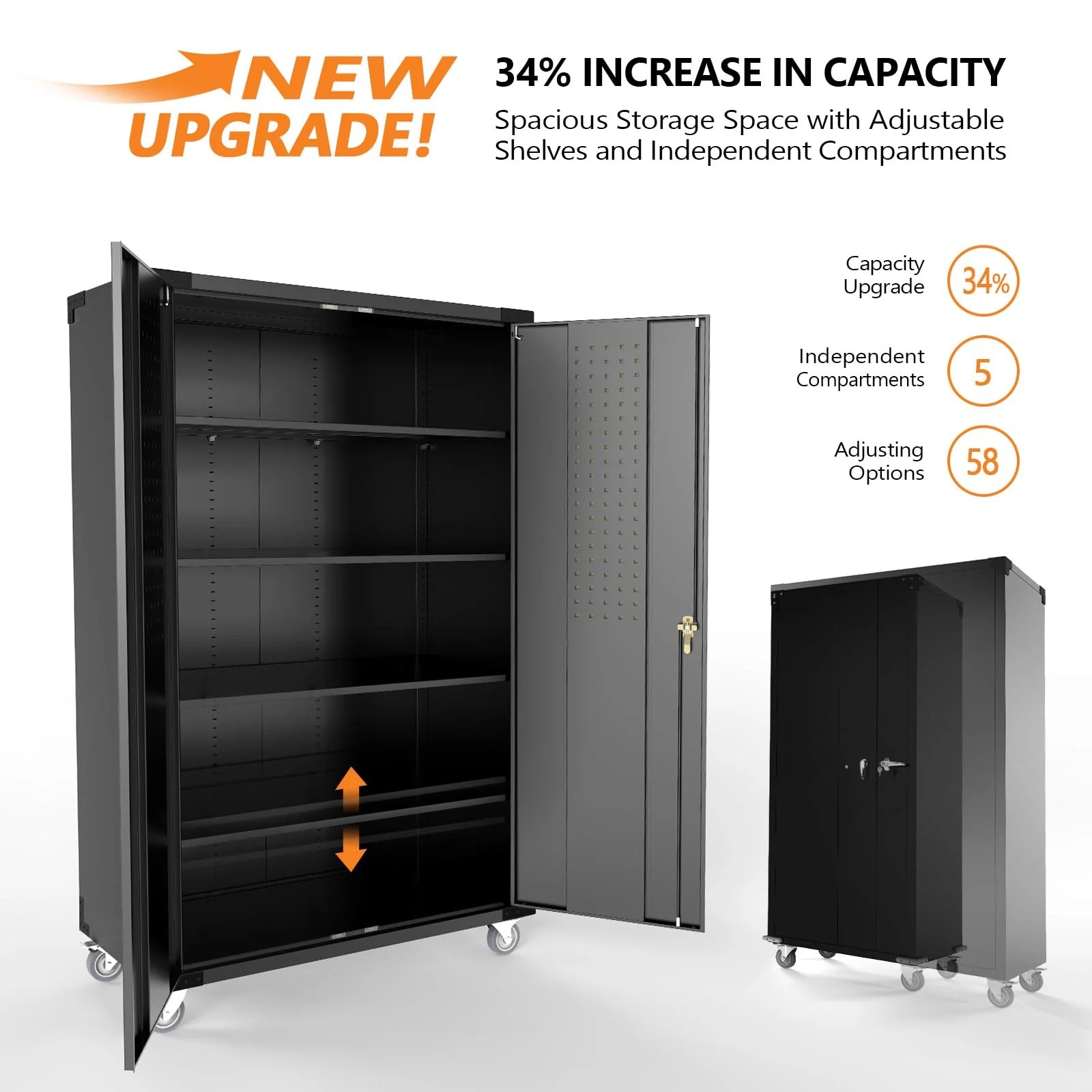 72in Tall & Wide Metal Storage Cabinet with Pegboards,Adjustable Shelves, Wheels