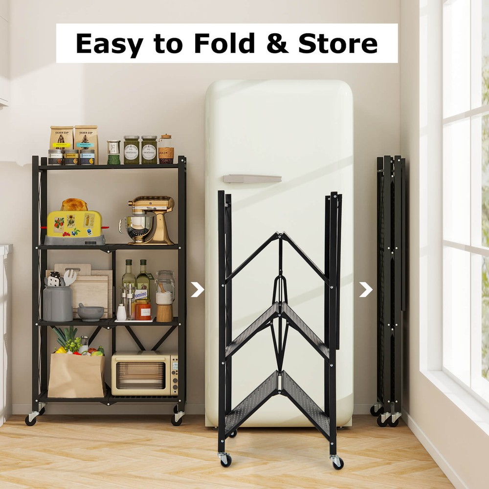 2PCS 4-tier Foldable Storage Shelving Unit w/4 Universal Wheels for Kitchen