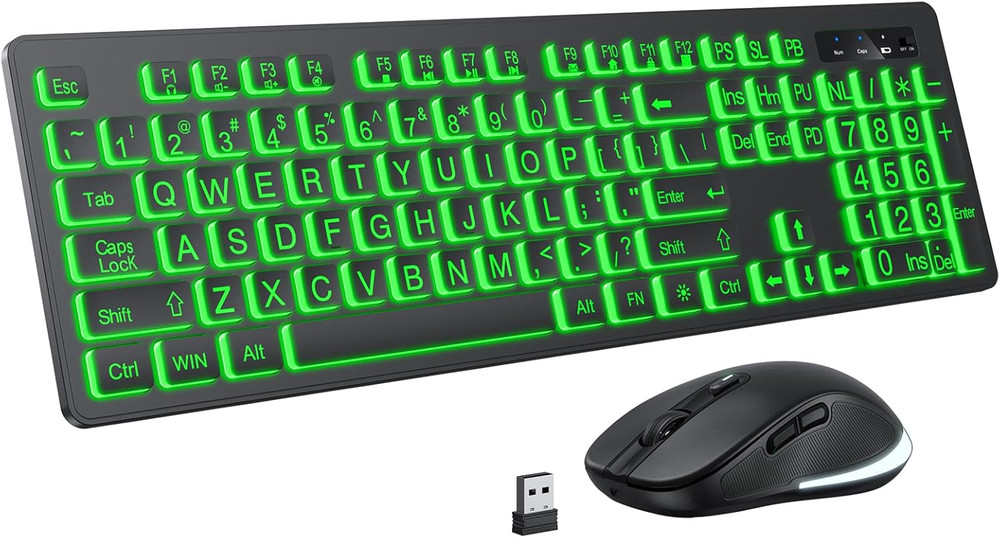Large Print Wireless Keyboard and Mouse - 7 Colors Backlit Keyboard, Oversize...
