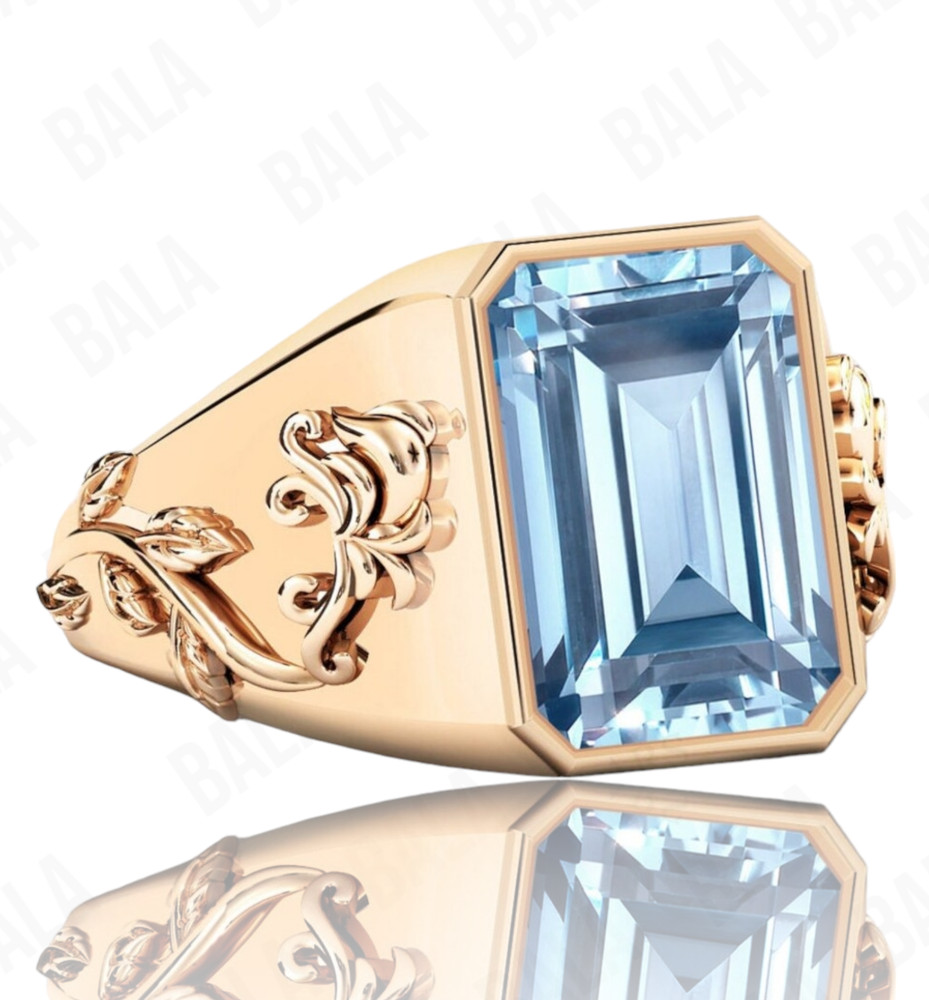 Handmade 925 Sterling Silver Blue Topaz Ring, Rectangular Emerald Cut Aqua Blue
