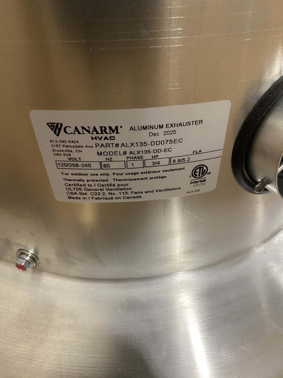 Canarm 13.5” 3/4 HP Downblast Exhaust Fan Direct Drive ALX135-DD075EC