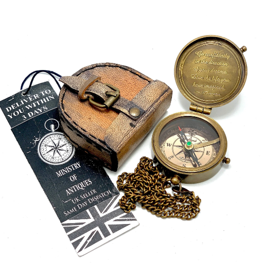 ENGRAVED POCKET COMPASS & KEYCHAIN NAUTICAL HANDMADE COMPASS & LEATHER POUCH