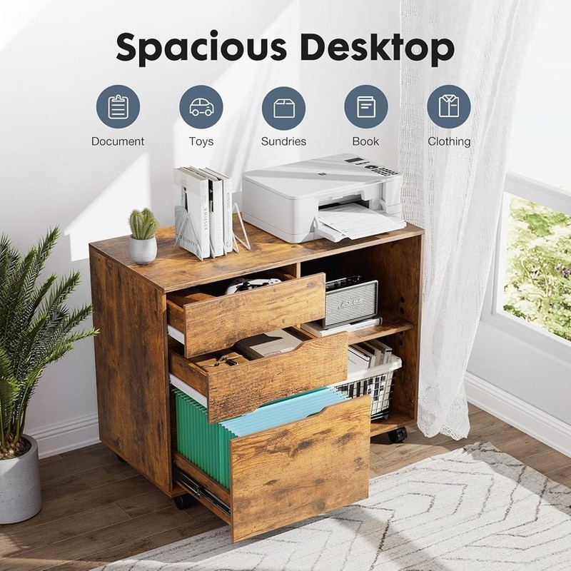 Versatile Office Cabinet W/ Open Shelves & 3 Drawers Rolling Storage Solution US