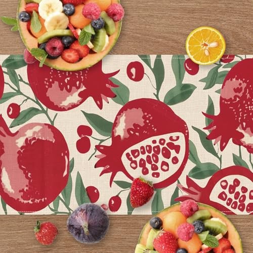 Red Pomegranate Pattern Dining Table Runner, Fruit Green Leaves Burlap Kitchen