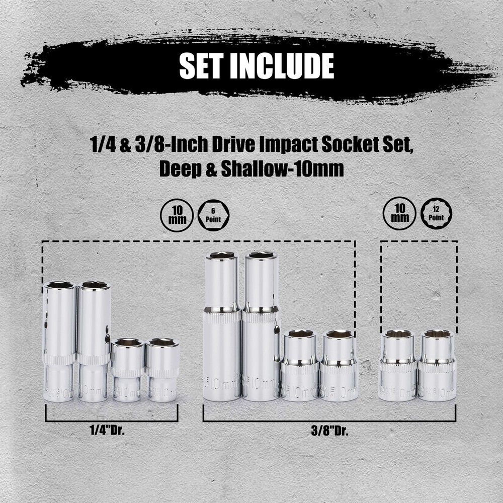 10 Pieces 10mm Impact Socket Set, 1/4" & 3/8" Drive, Deep & Shallow Chromed