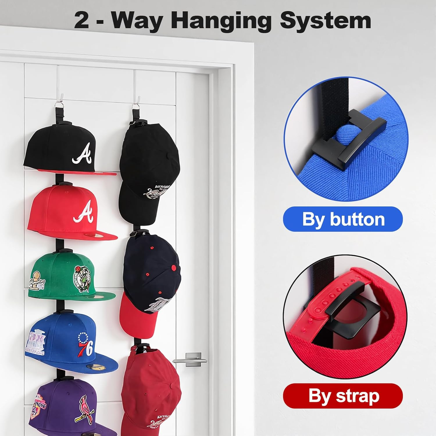 Hat Rack for Door - Two-Way Hanging Caps with Display Hooks and Hanger, Hat Orga