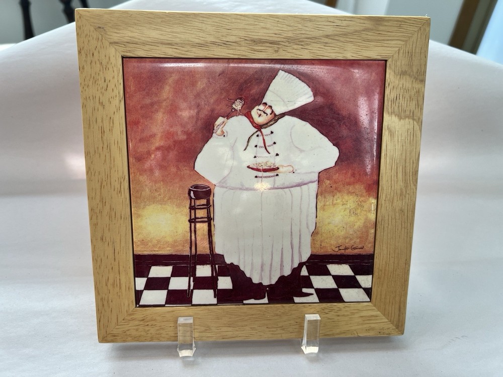 Two Jennifer Garant “Fat Chef”Framed Ceramic Tile Trivets Wall Hangings