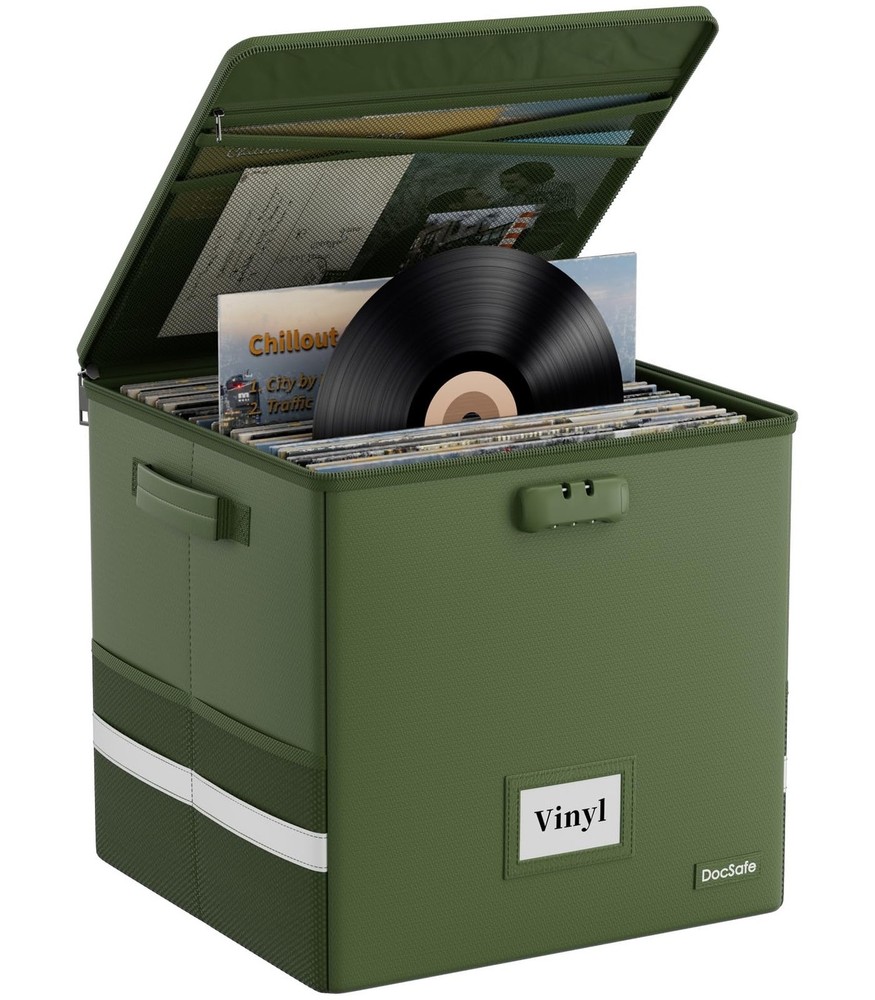 DocSafe Vinyl Record Storage Box with Lock, Fireproof＆Water Resistant Rec