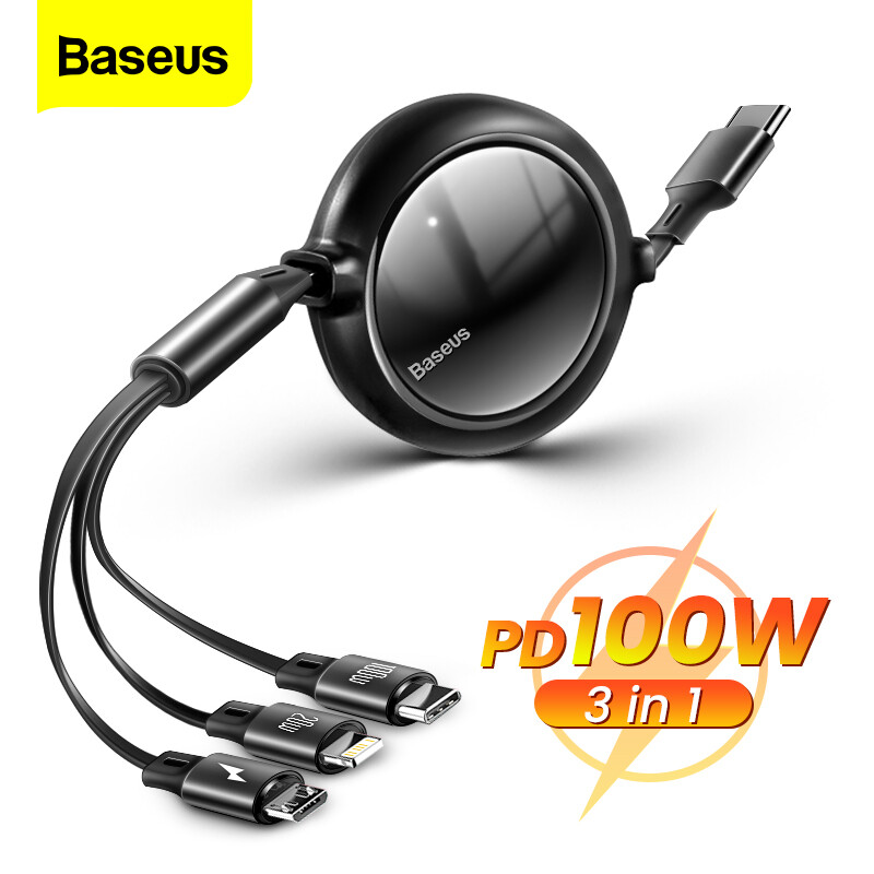 Baseus 100W 3 in 1 USB C Fast Cable Retractable Cord For iPhone Micro USB Type C
