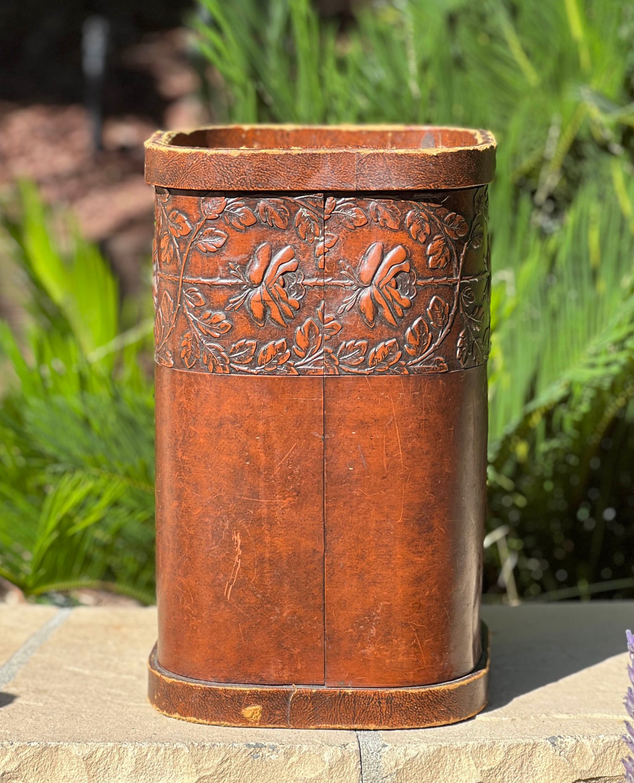 VTG Faux Leather Tooled Embossed Floral Umbrella Cane Stand Waste Basket Brown