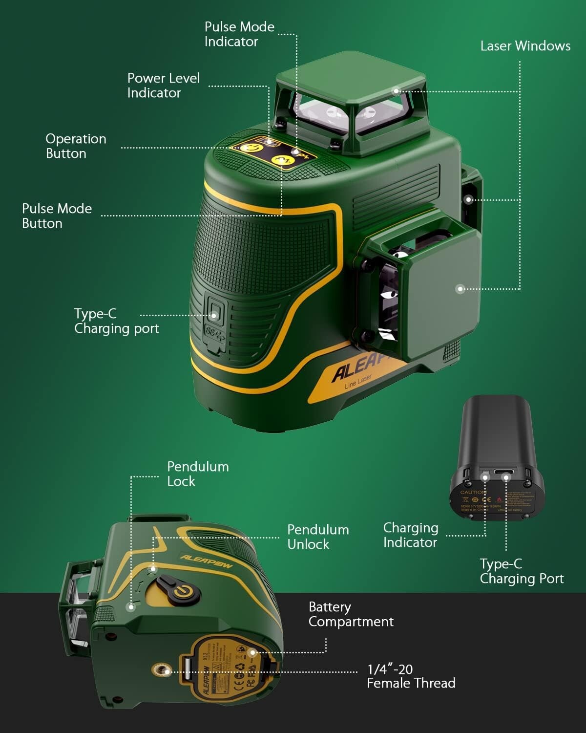ALEAPOW 3D Laser Level, 147ft 3x360° Green Laser Level, 5.2Ah Battery, SelfLevel
