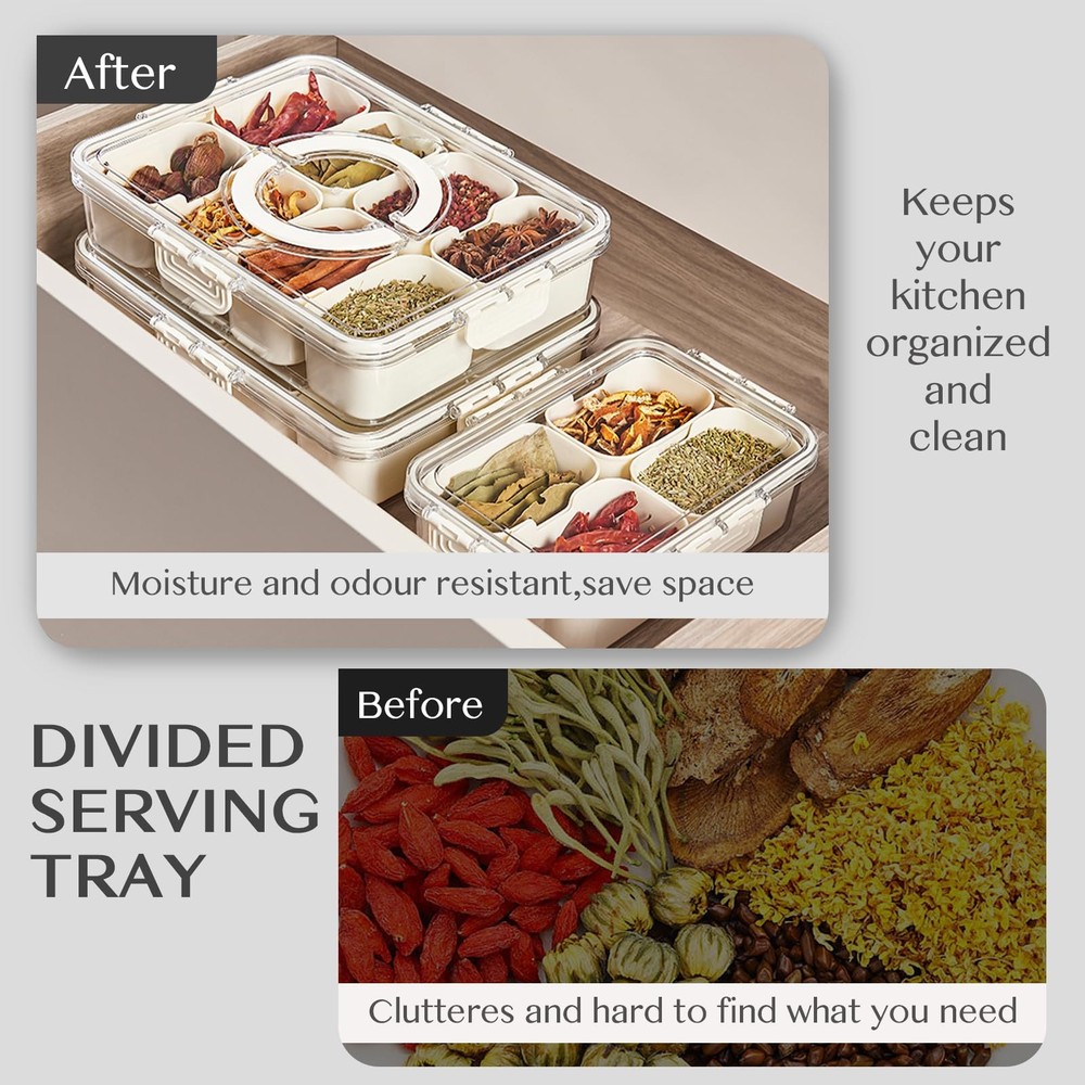 Snackle Box Container,Portable Snack Box 8 Compartment Divided Serving Tray w...