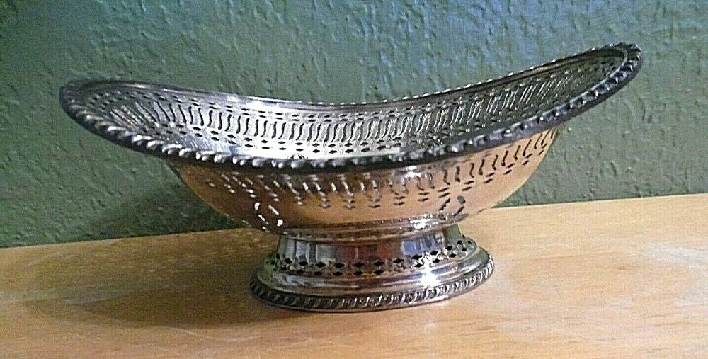 PIERCED SILVERPLATE OBLONG FOOTED CANDY DISH MADE IN ENGLAND WITH HALLMARK